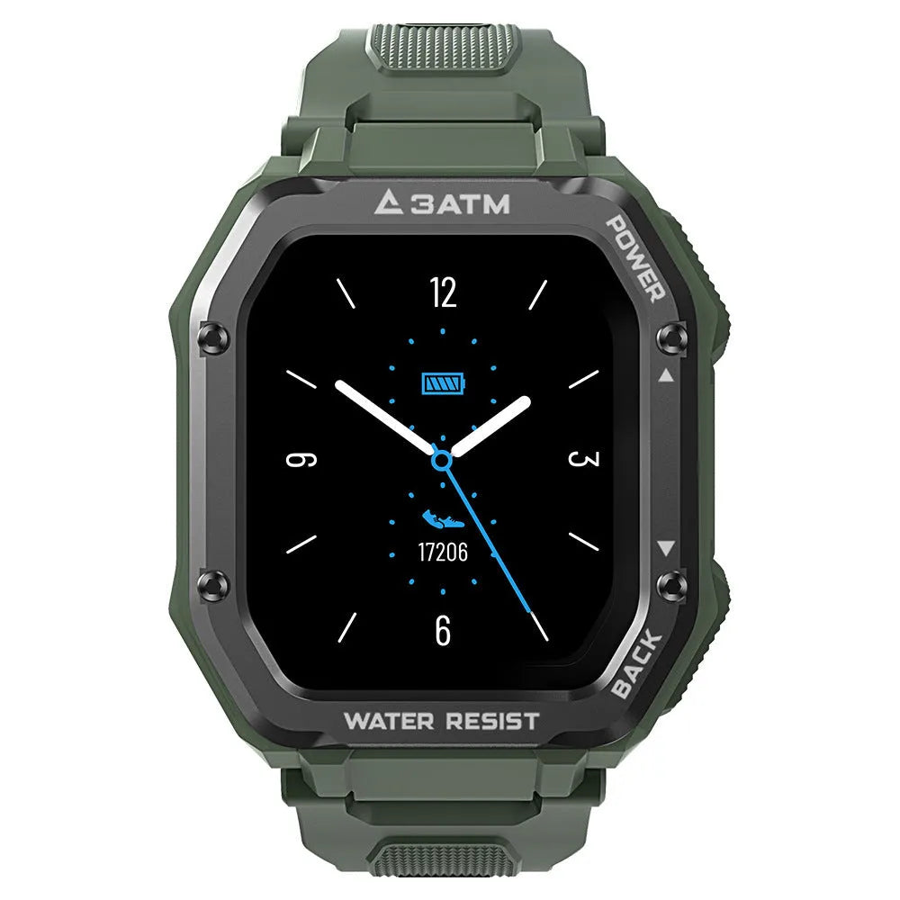 Rugged outdoor smartwatch with 1.69-inch screen on a silicone strap, showing sports mode display.