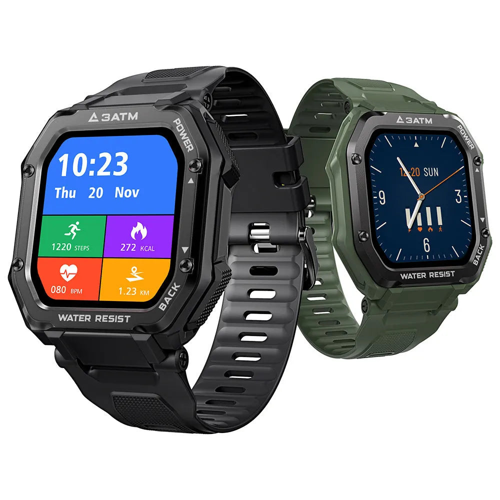 Rugged outdoor smartwatch with 1.69-inch screen on a silicone strap, showing sports mode display.