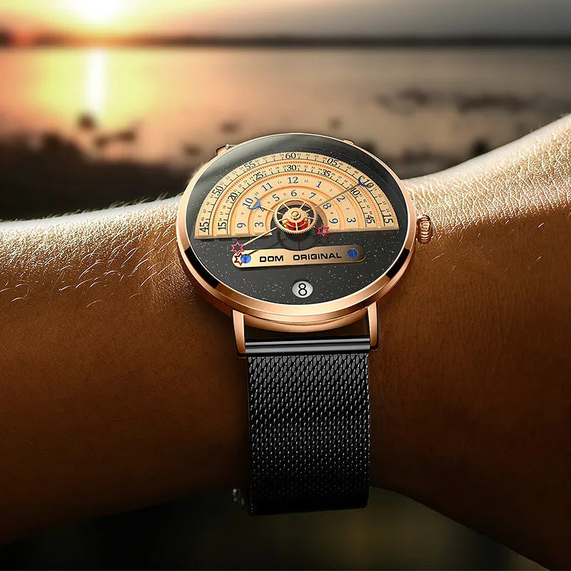 Mens M-1288 sports watch with 40mm round dial, alloy case, and stainless steel strap