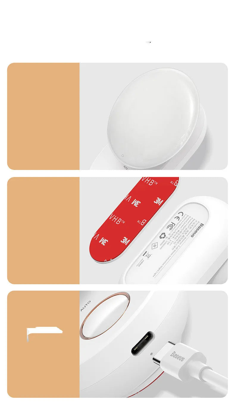 White Baseus Full Moon rechargeable night light with motion sensor for bedroom and aisle use