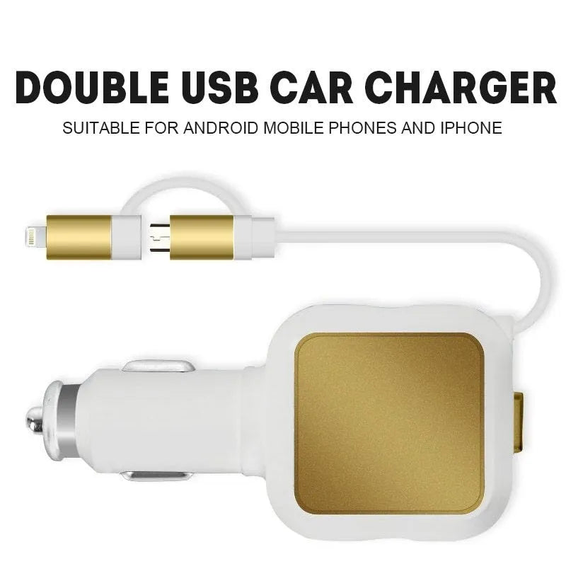 Black and gold dual USB car charger with retractable cable plugged into a car's 12V socket.
