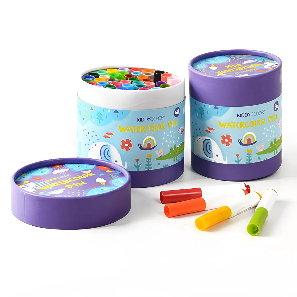 Children's plastic watercolour pen set showing 36-colour and 48-colour barrel options
