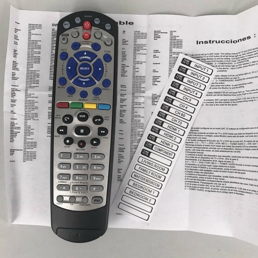 Black flat universal remote control for DISH Network satellite receiver and VIP TV DVD models.