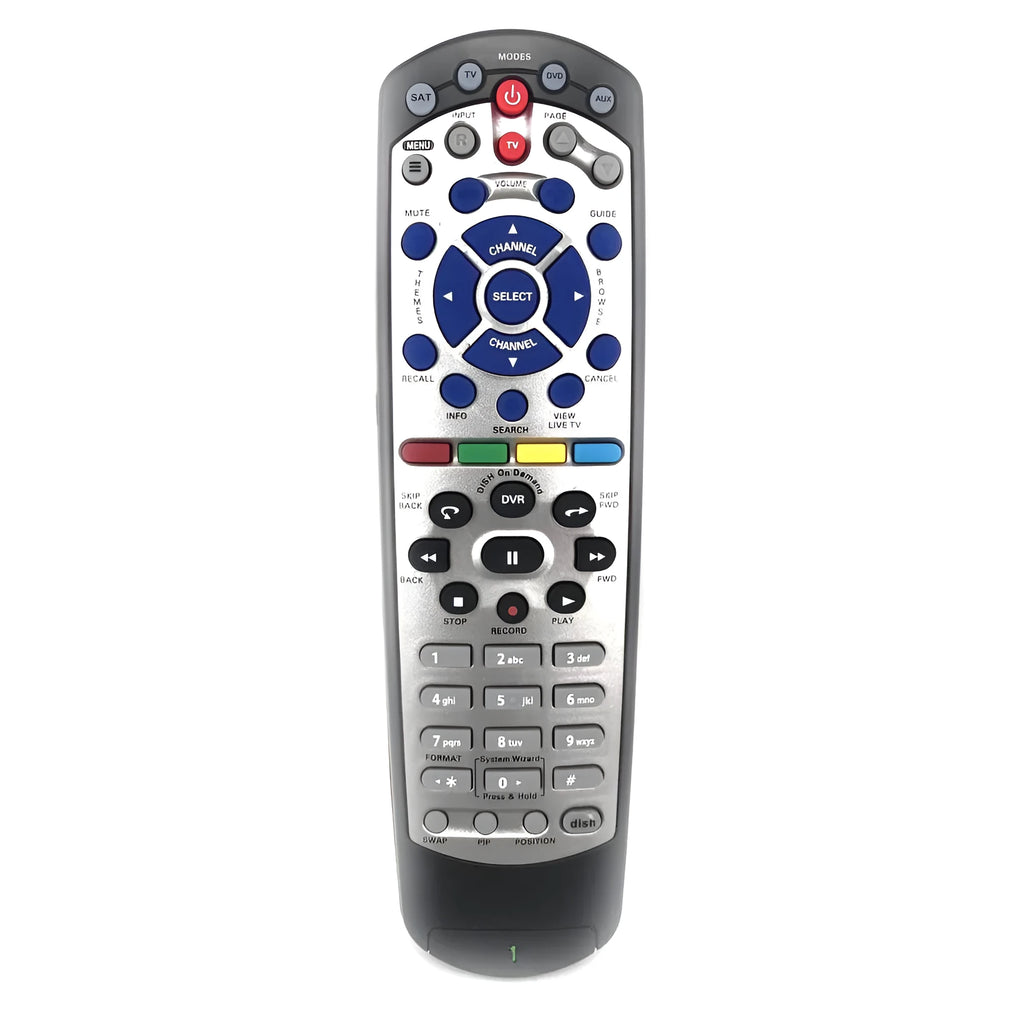 Black flat universal remote control for DISH Network satellite receiver and VIP TV DVD models.