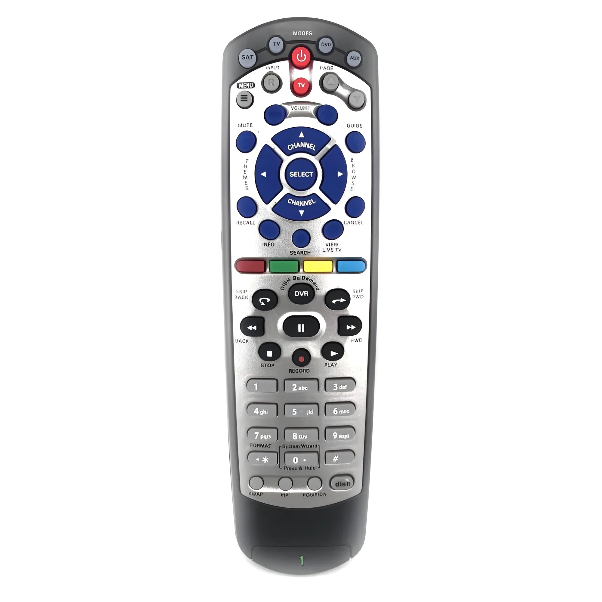 Black flat universal remote control for DISH Network satellite receiver and VIP TV DVD models.