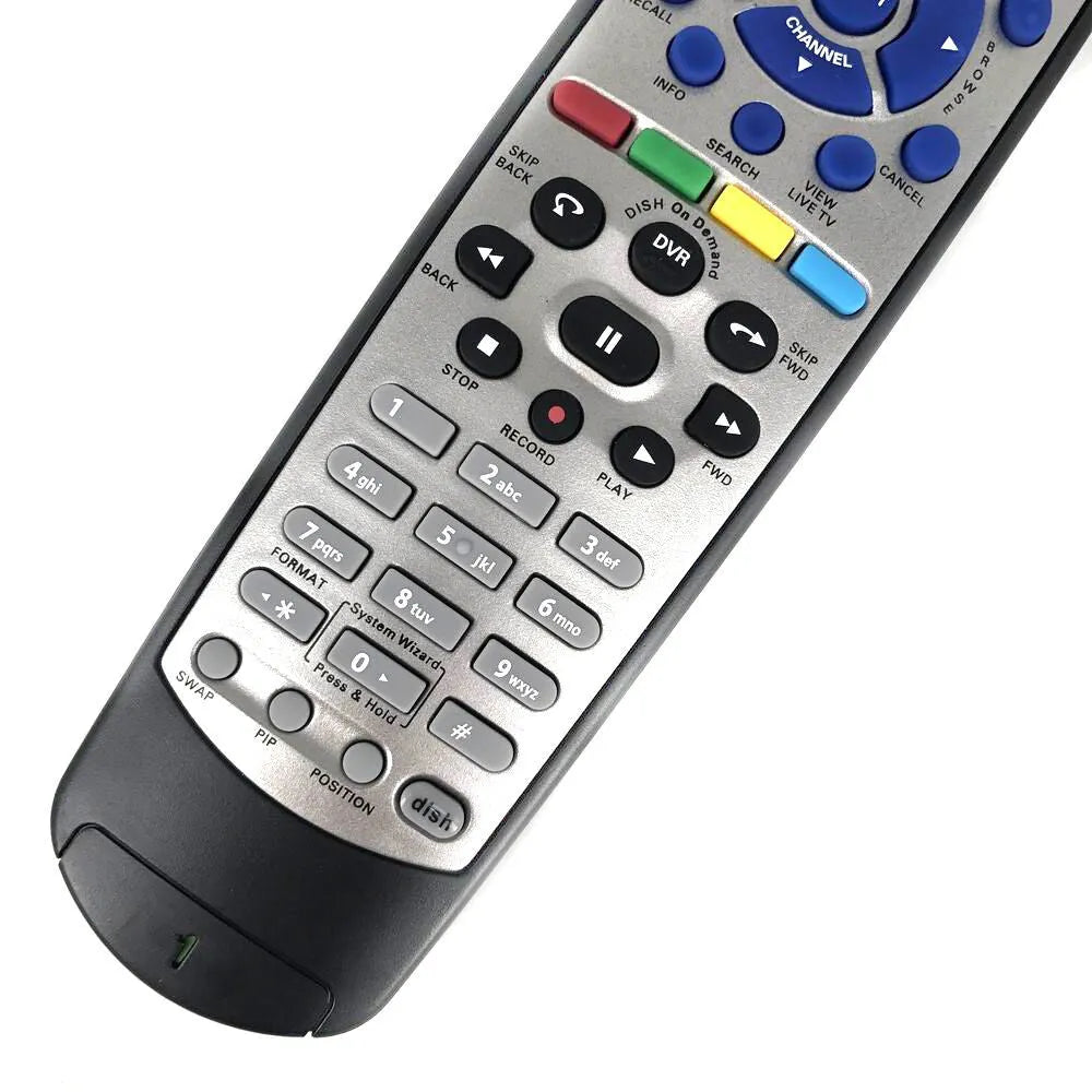 Black flat universal remote control for DISH Network satellite receiver and VIP TV DVD models.