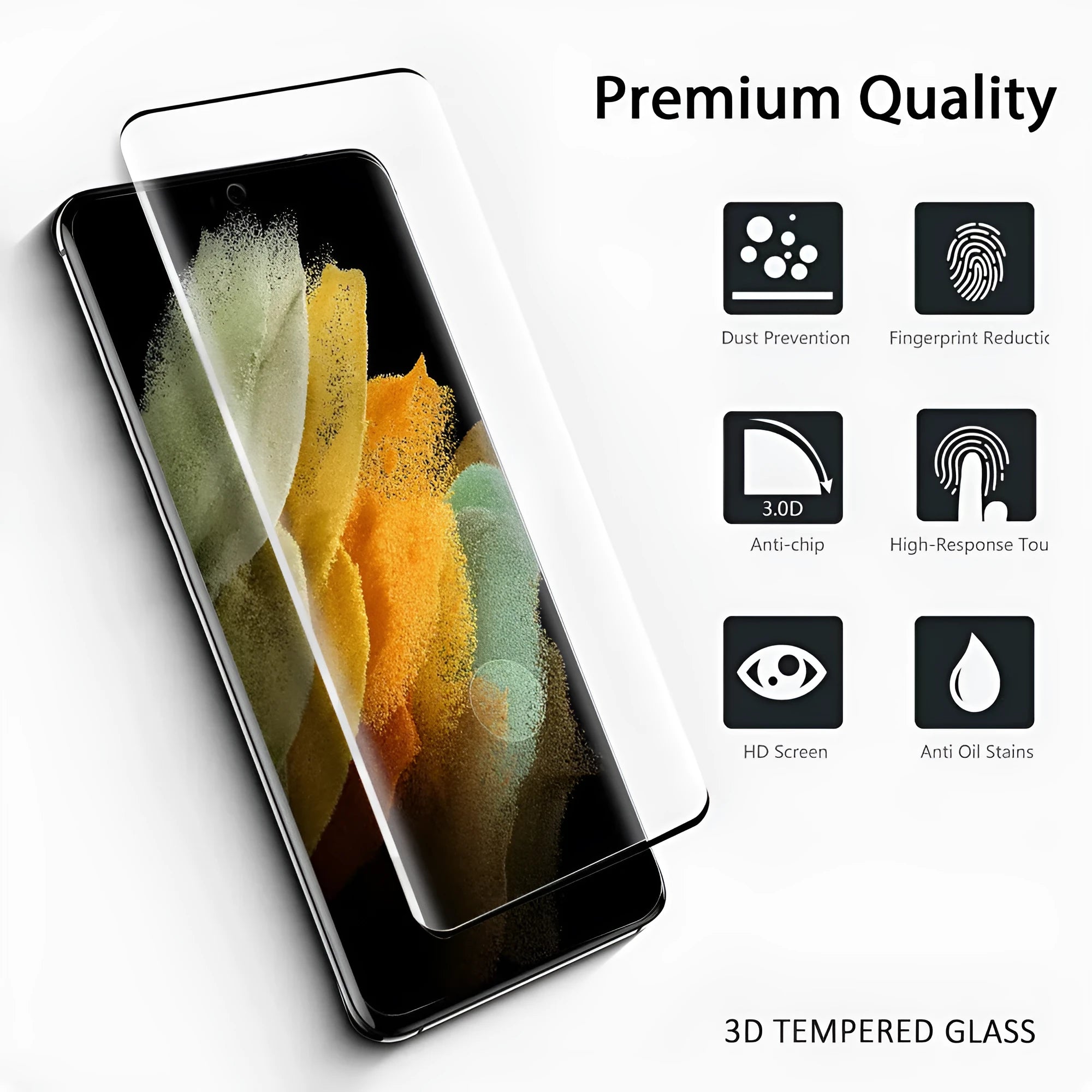 Samsung Galaxy S21 Ultra tempered glass screen protector with 3D curved edges on a phone.