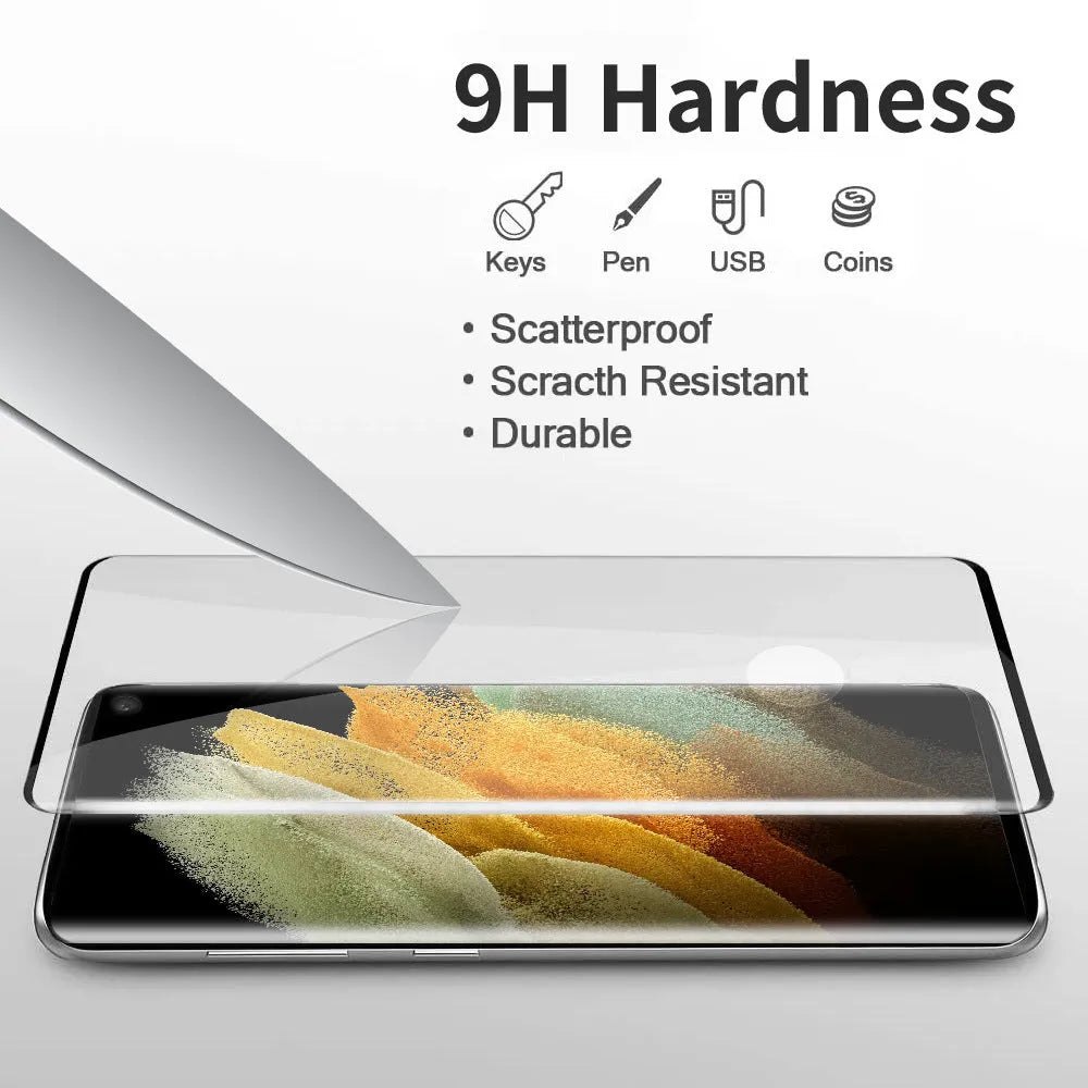 Samsung Galaxy S21 Ultra tempered glass screen protector with 3D curved edges on a phone.