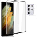 Samsung Galaxy S21 Ultra tempered glass screen protector with 3D curved edges on a phone.