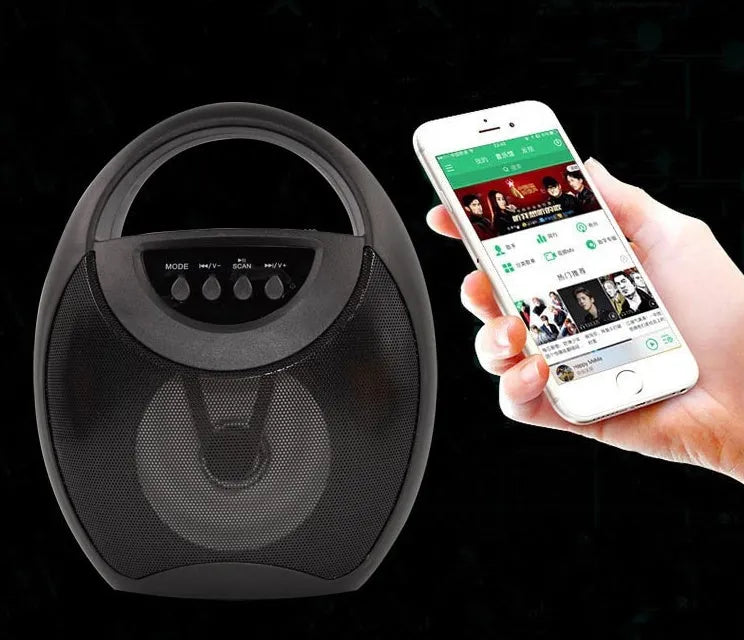 Black portable Bluetooth speaker with USB port and SD card slot.