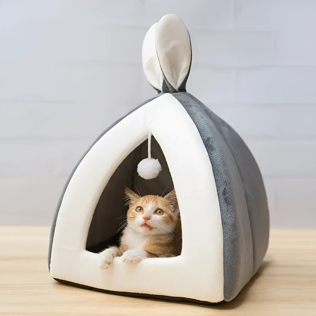 Soft cloth cat house pet bed villa with removable cushion in grey, pink or yellow colours