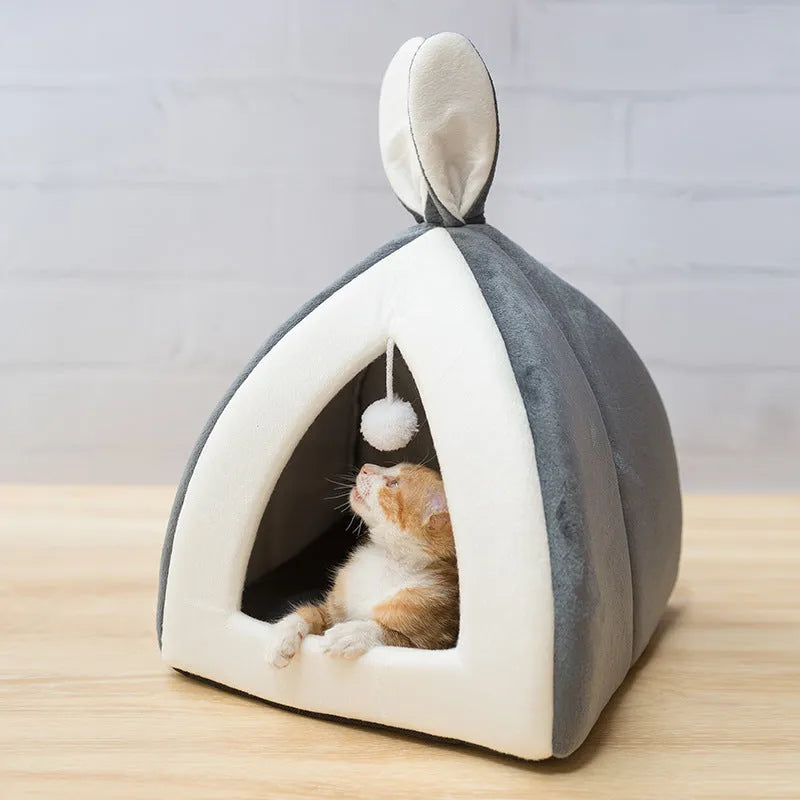 Soft cloth cat house pet bed villa with removable cushion in grey, pink or yellow colours