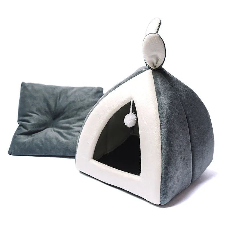 Soft cloth cat house pet bed villa with removable cushion in grey, pink or yellow colours