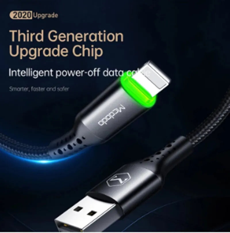Black Apple-compatible data cable with LED lights, available in 1.2m and 1.8m lengths for iPhone fast charging.