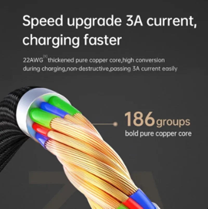 Black Apple-compatible data cable with LED lights, available in 1.2m and 1.8m lengths for iPhone fast charging.