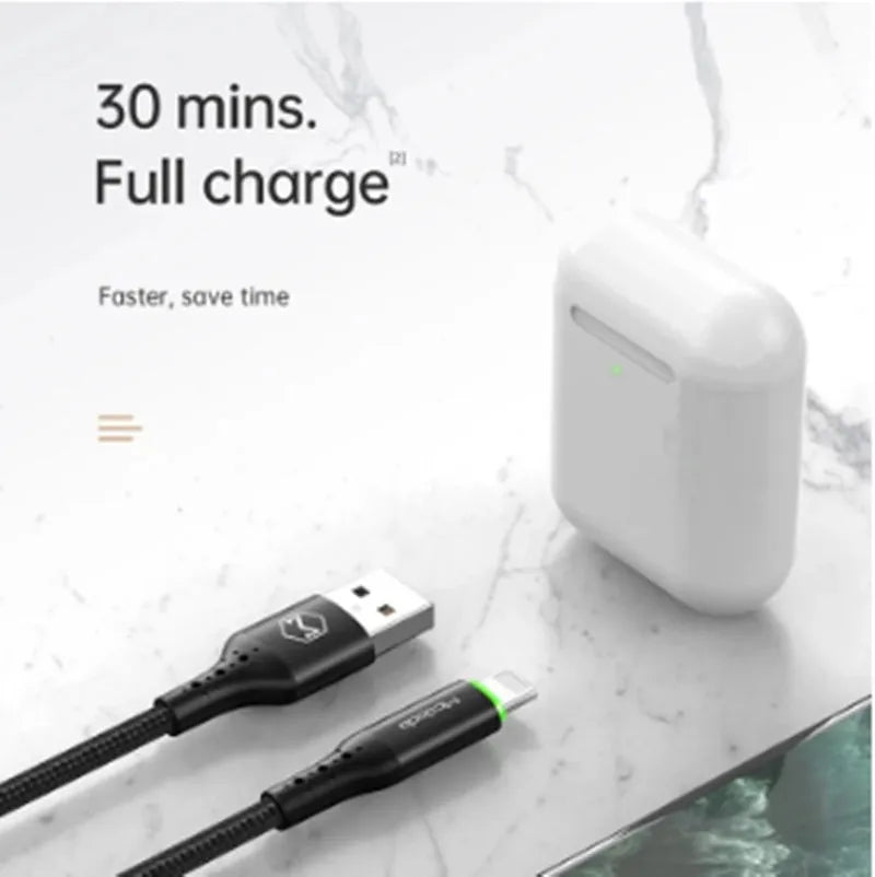 Black Apple-compatible data cable with LED lights, available in 1.2m and 1.8m lengths for iPhone fast charging.