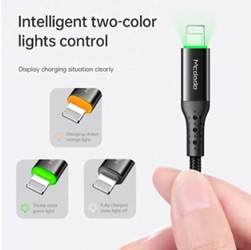 Black Apple-compatible data cable with LED lights, available in 1.2m and 1.8m lengths for iPhone fast charging.