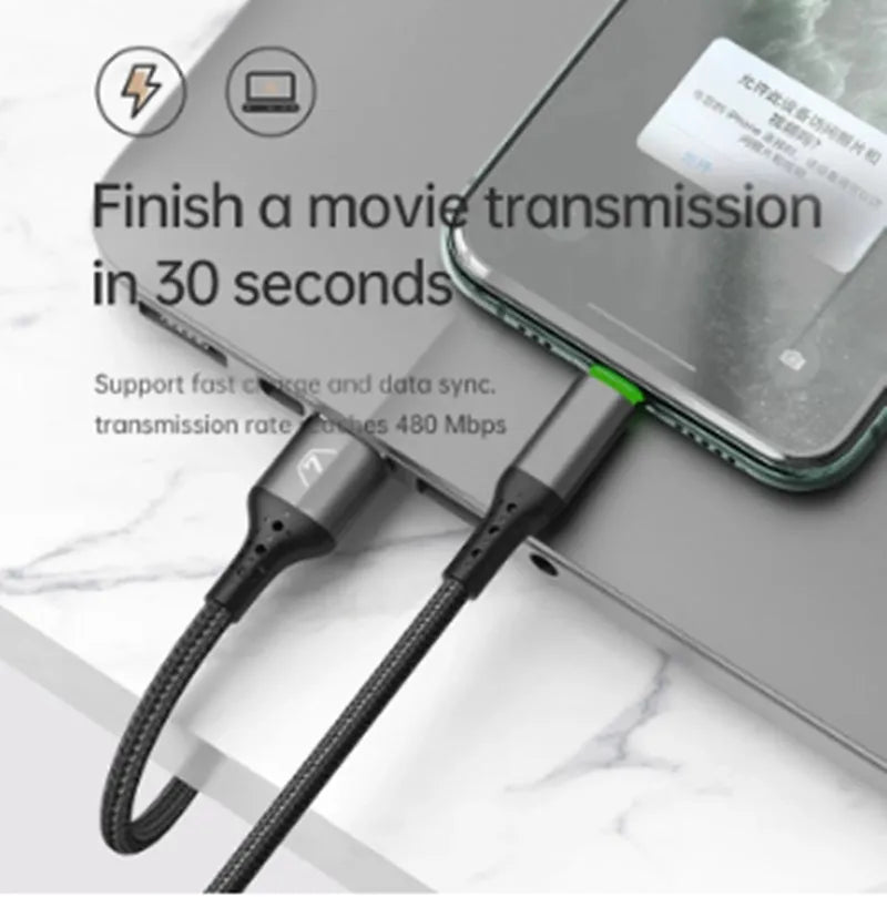 Black Apple-compatible data cable with LED lights, available in 1.2m and 1.8m lengths for iPhone fast charging.