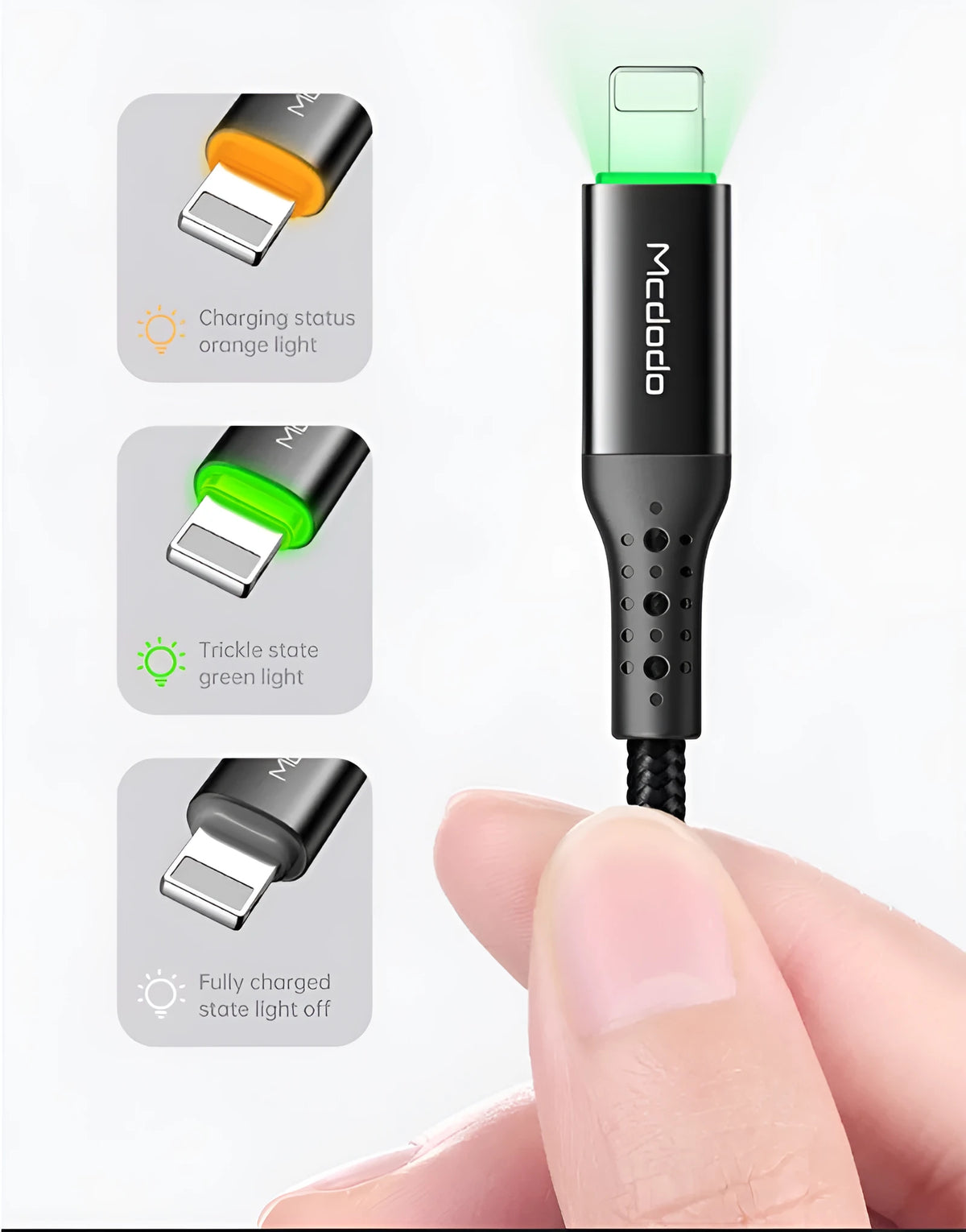 Black Apple-compatible data cable with LED lights, available in 1.2m and 1.8m lengths for iPhone fast charging.