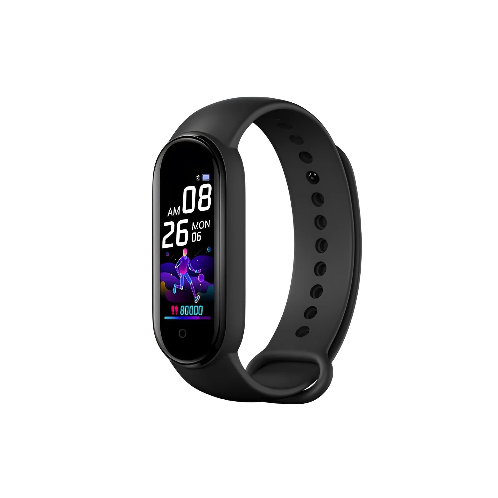 M5 smart fitness bracelet in black showing heart rate monitoring on 0.96-inch screen