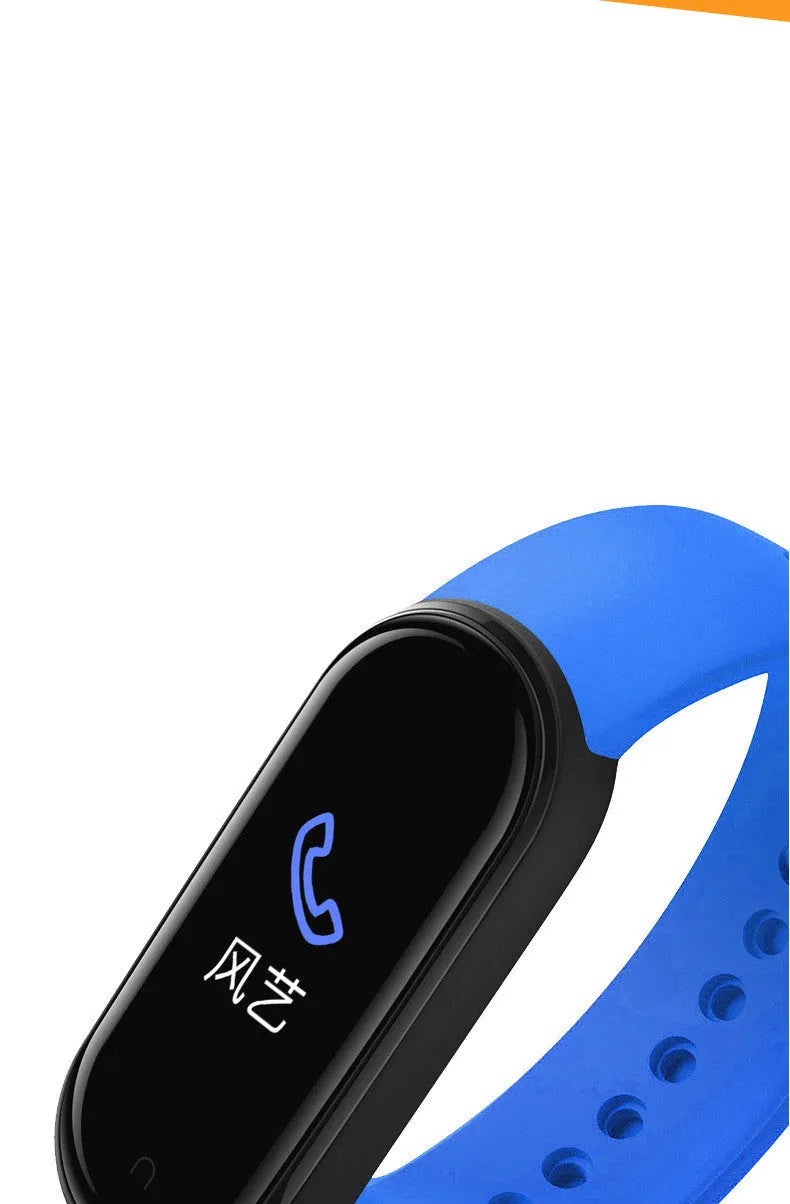 M5 smart fitness bracelet in black showing heart rate monitoring on 0.96-inch screen