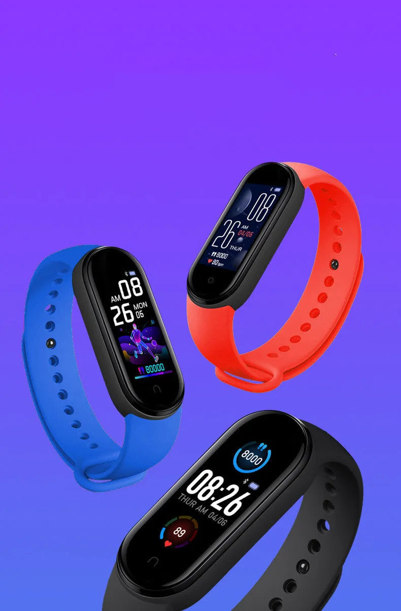M5 smart fitness bracelet in black showing heart rate monitoring on 0.96-inch screen