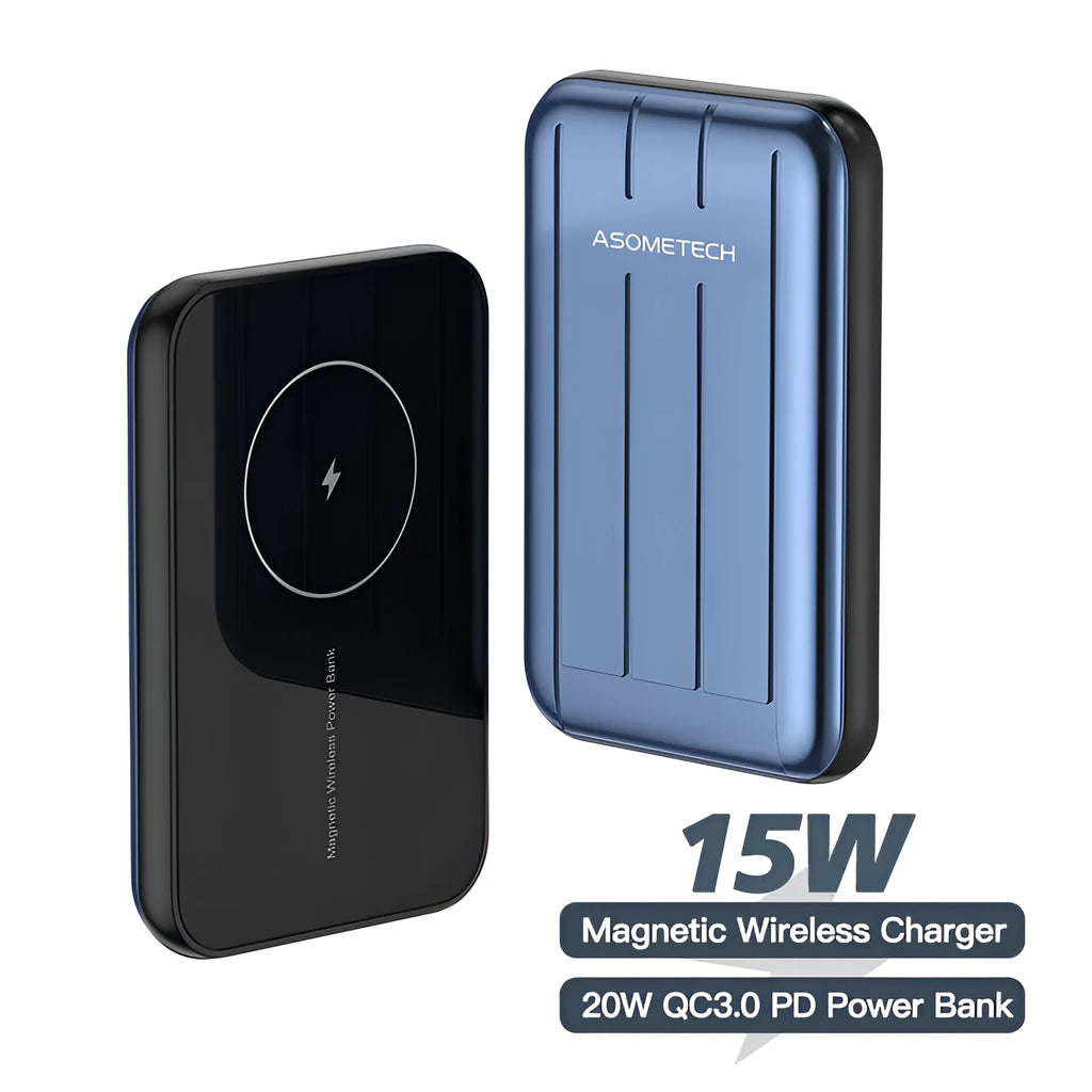Blue magnetic wireless power bank attached to an iPhone 12, showing USB charging port.