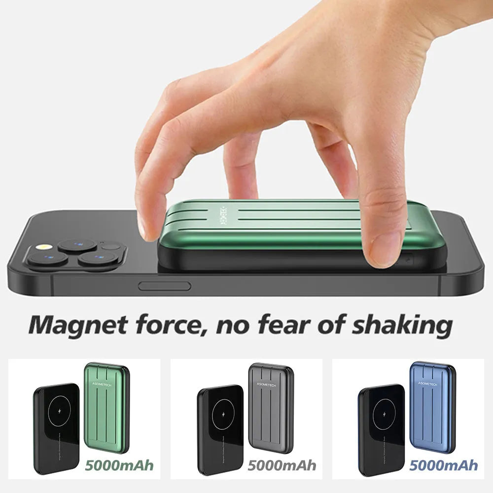 Blue magnetic wireless power bank attached to an iPhone 12, showing USB charging port.