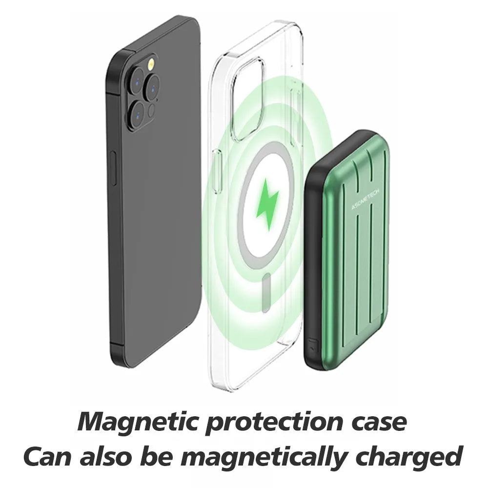 Blue magnetic wireless power bank attached to an iPhone 12, showing USB charging port.