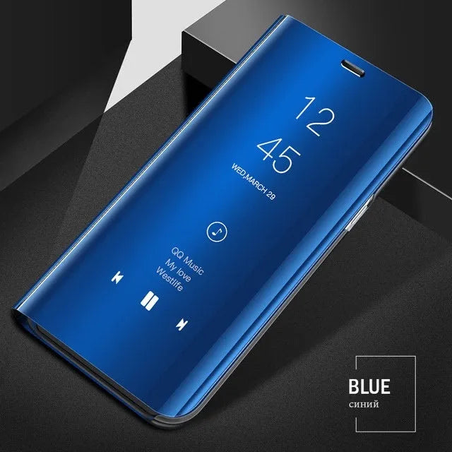 Samsung Galaxy mirror flip case in blue showing kickstand open and interior mirror.