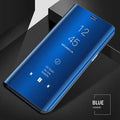 Samsung Galaxy mirror flip case in blue showing kickstand open and interior mirror.