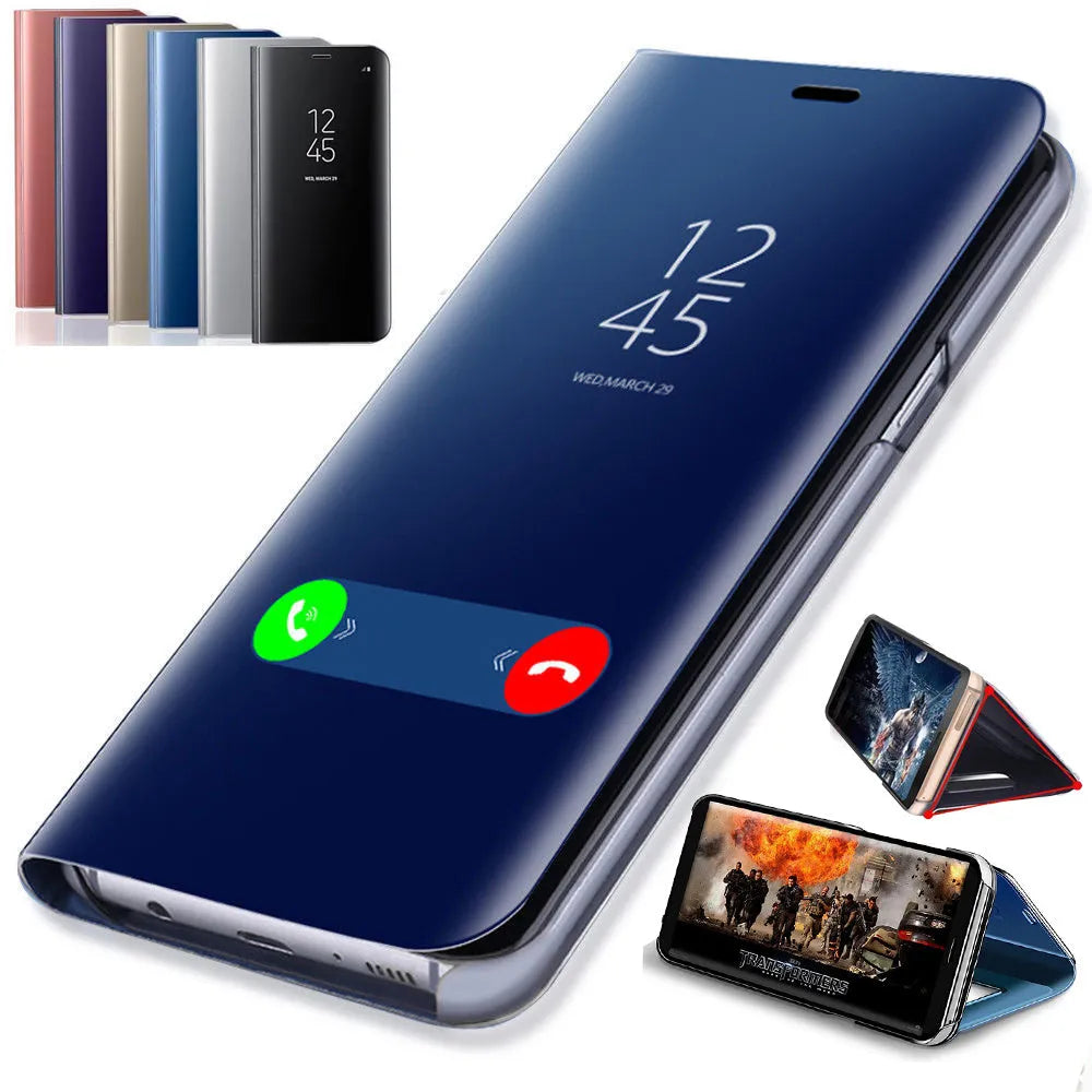 Samsung Galaxy mirror flip case in blue showing kickstand open and interior mirror.