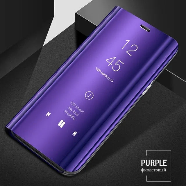 Samsung Galaxy mirror flip case in blue showing kickstand open and interior mirror.