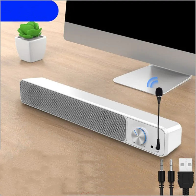 Black and white desktop computer speakers with wired and Bluetooth connectivity options