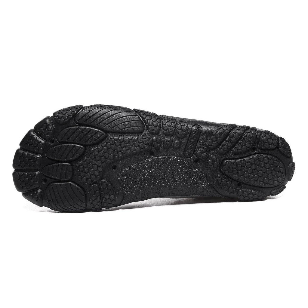 Low-top outdoor water shoes in black with mesh upper and rubber sole for swimming and wading.