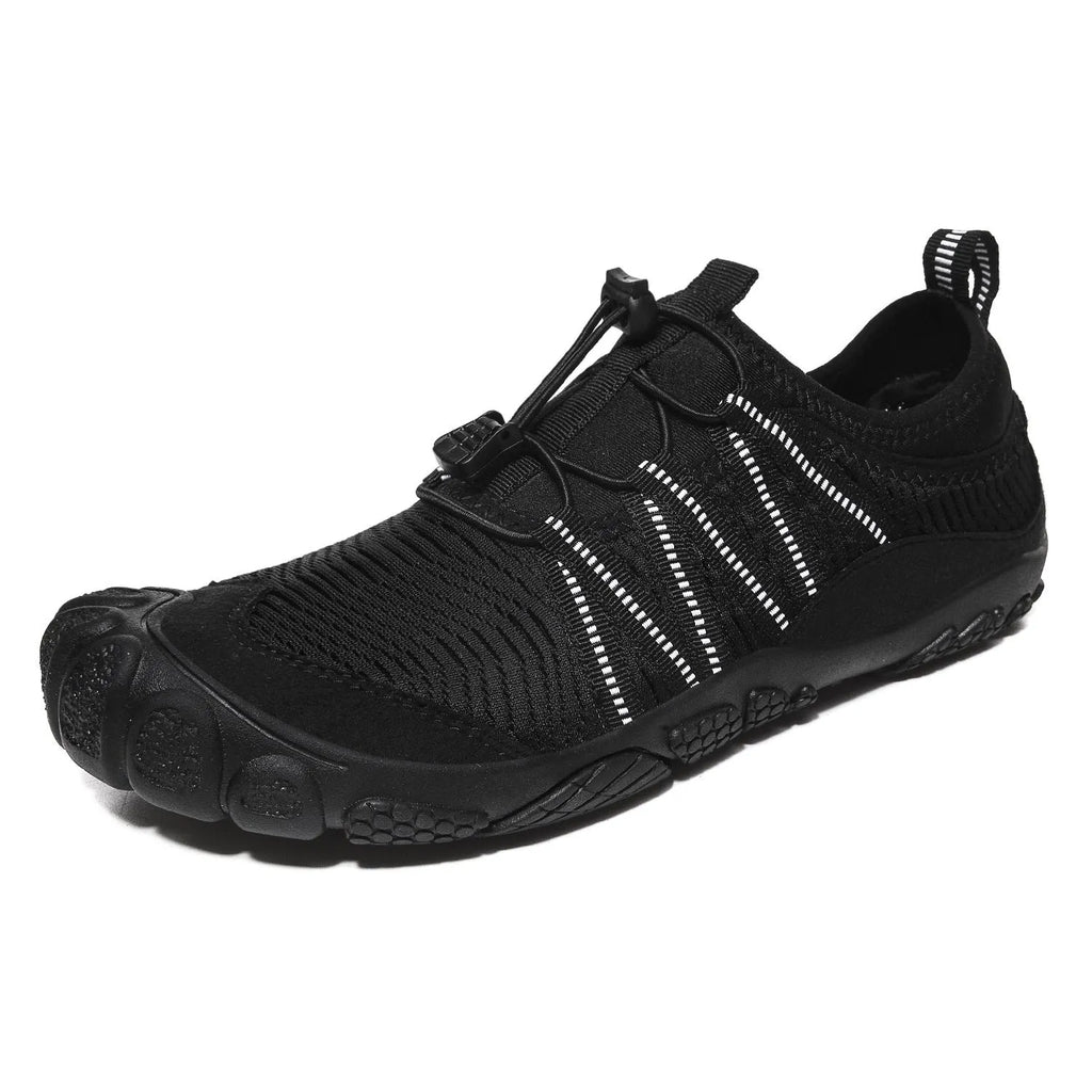 Low-top outdoor water shoes in black with mesh upper and rubber sole for swimming and wading.