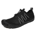 Low-top outdoor water shoes in black with mesh upper and rubber sole for swimming and wading.
