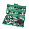 Green plastic box containing a 46-piece carbon steel automotive socket set with ratchet and torque wrench.