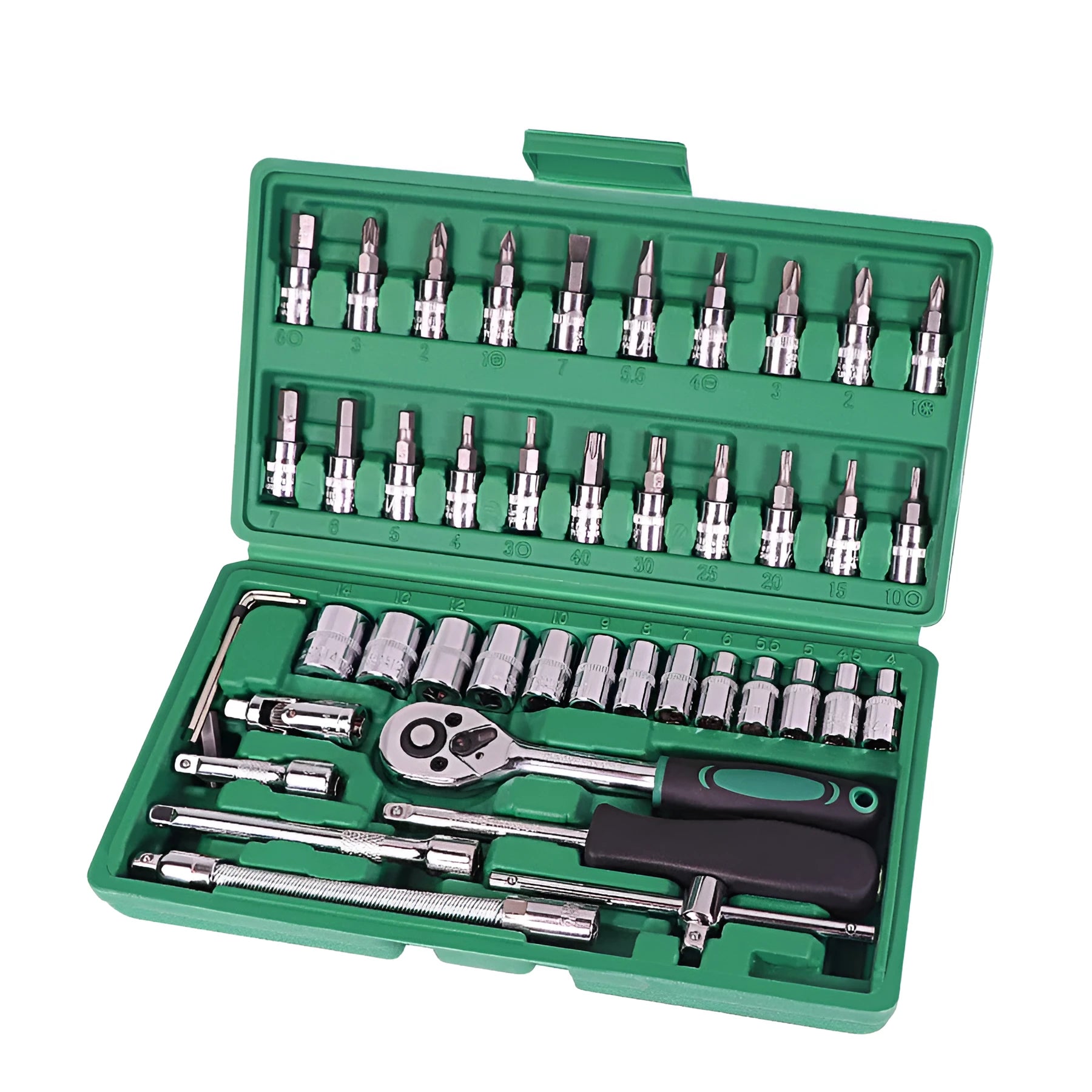 Green plastic box containing a 46-piece carbon steel automotive socket set with ratchet and torque wrench.