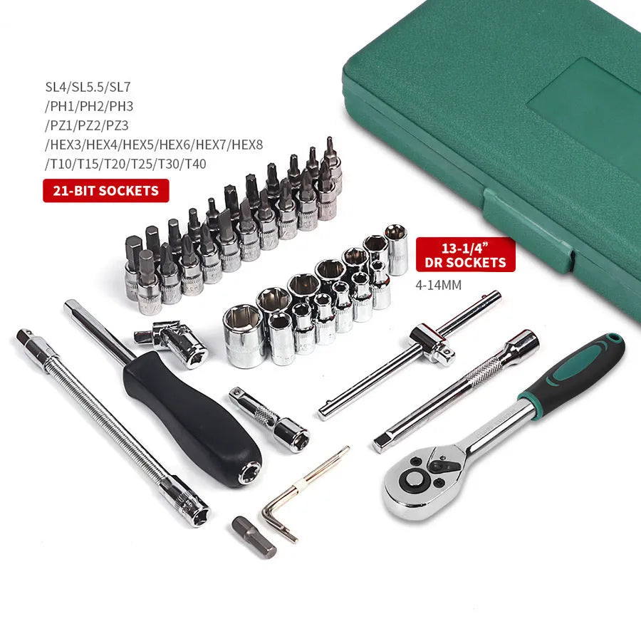 Green plastic box containing a 46-piece carbon steel automotive socket set with ratchet and torque wrench.