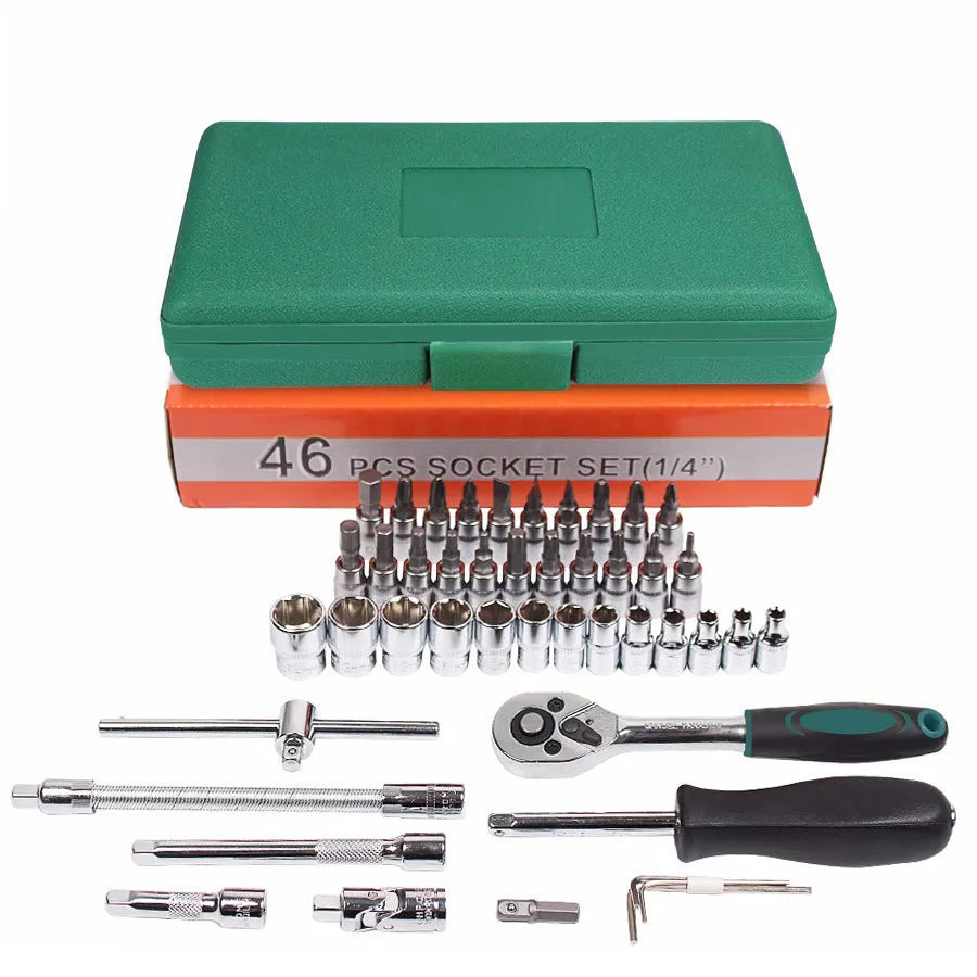Green plastic box containing a 46-piece carbon steel automotive socket set with ratchet and torque wrench.