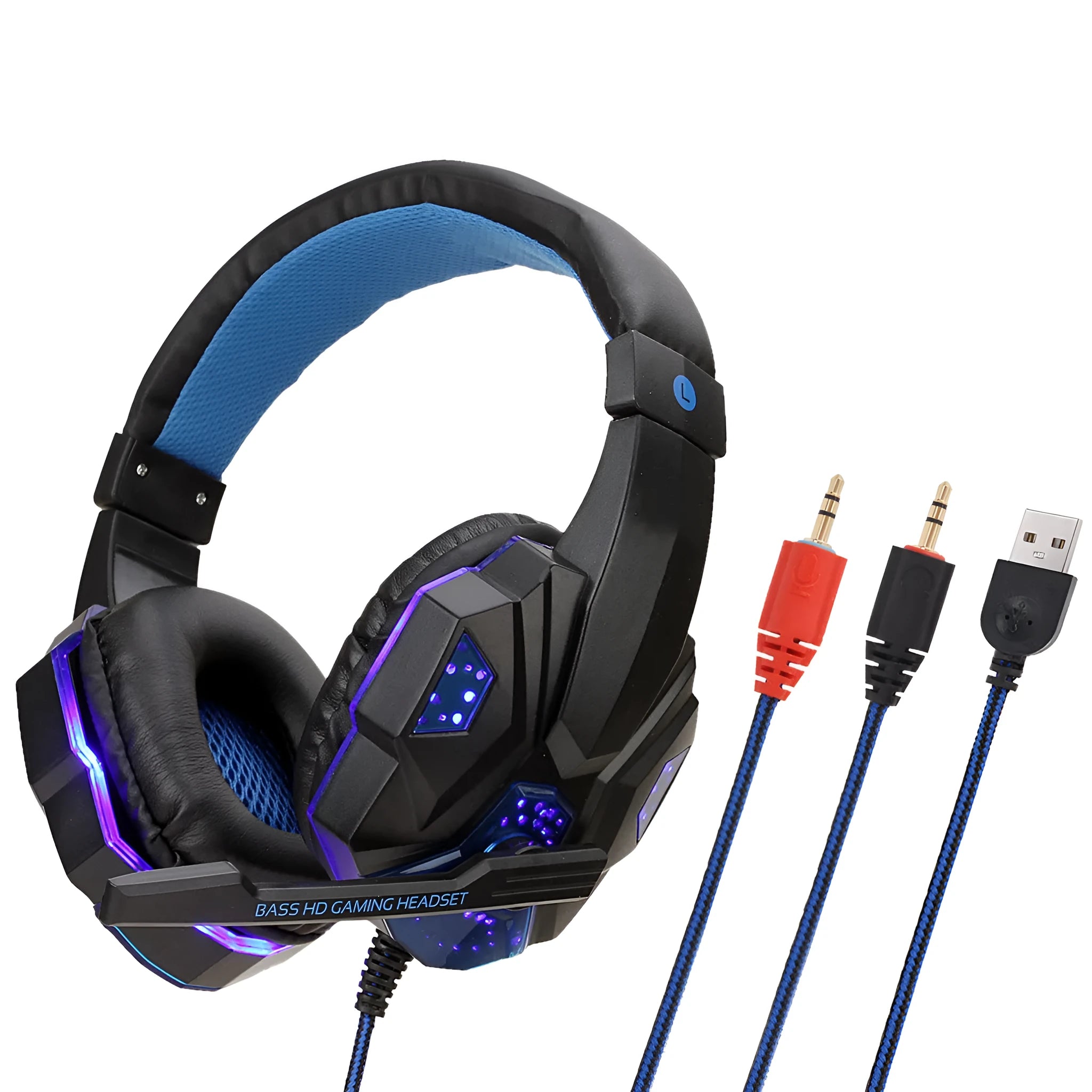 Wired PS4 gaming headset with light-up feature and tan leather over-ear muffs.