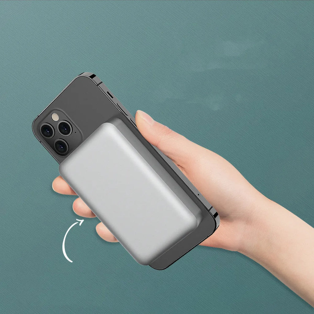 Silver aluminium wireless magnetic charging power bank for Apple phones, showing USB-C port.