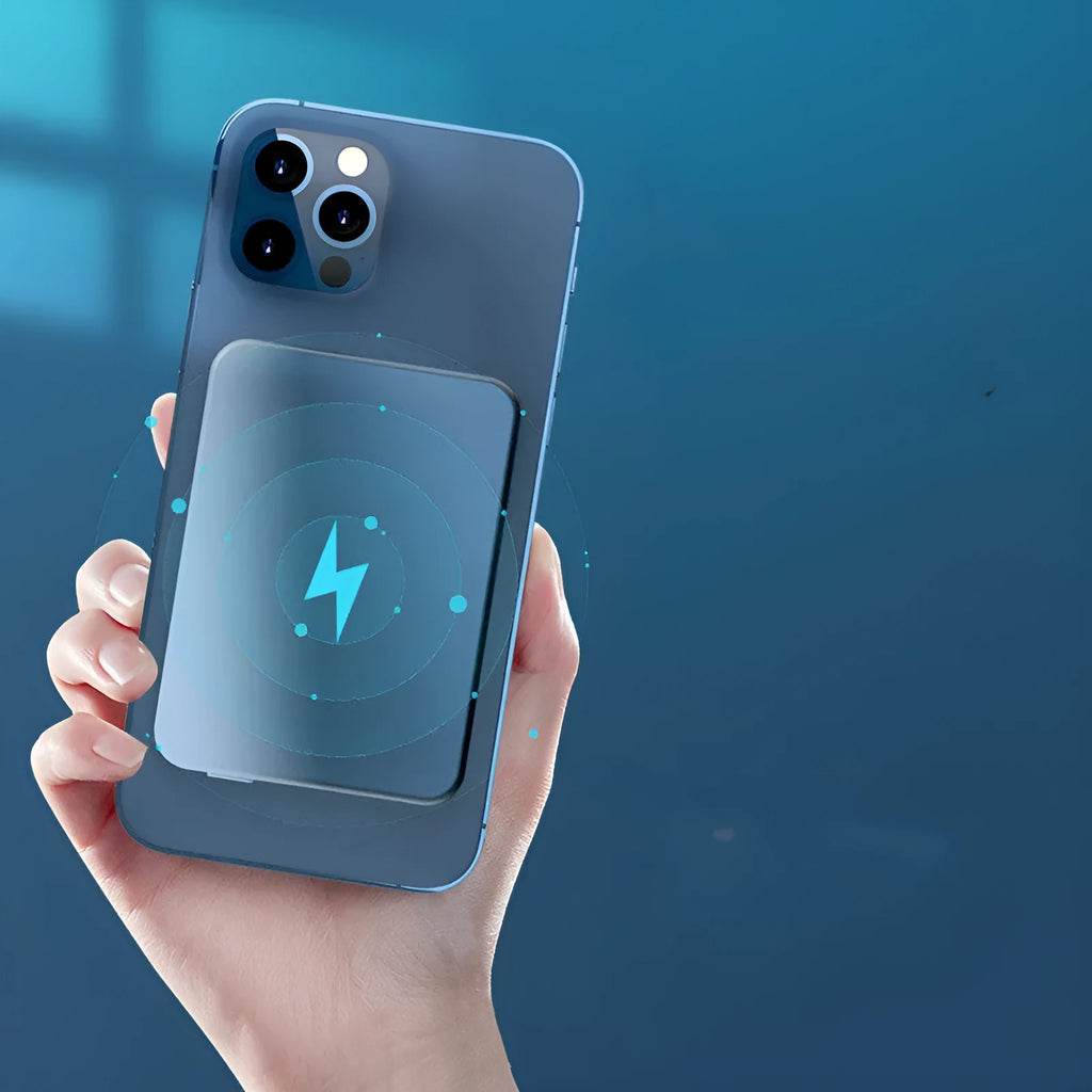 Silver aluminium wireless magnetic charging power bank for Apple phones, showing USB-C port.