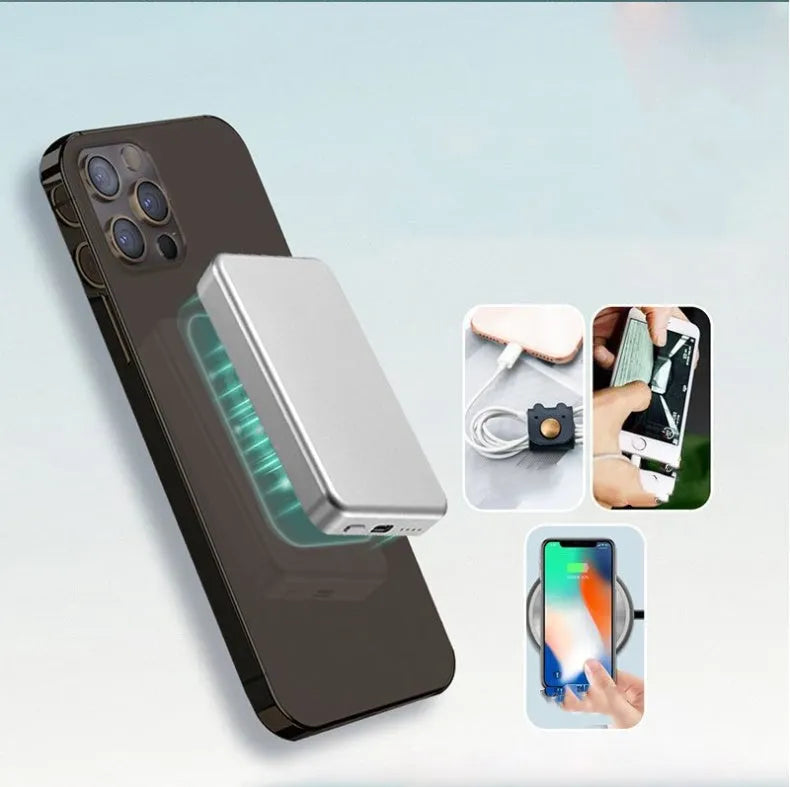 Silver aluminium wireless magnetic charging power bank for Apple phones, showing USB-C port.
