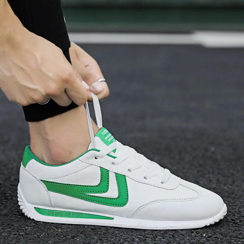 Men's Korean style white trainers with artificial PU upper, rubber sole, round toe, low 1-3cm heel, sizes 35-44