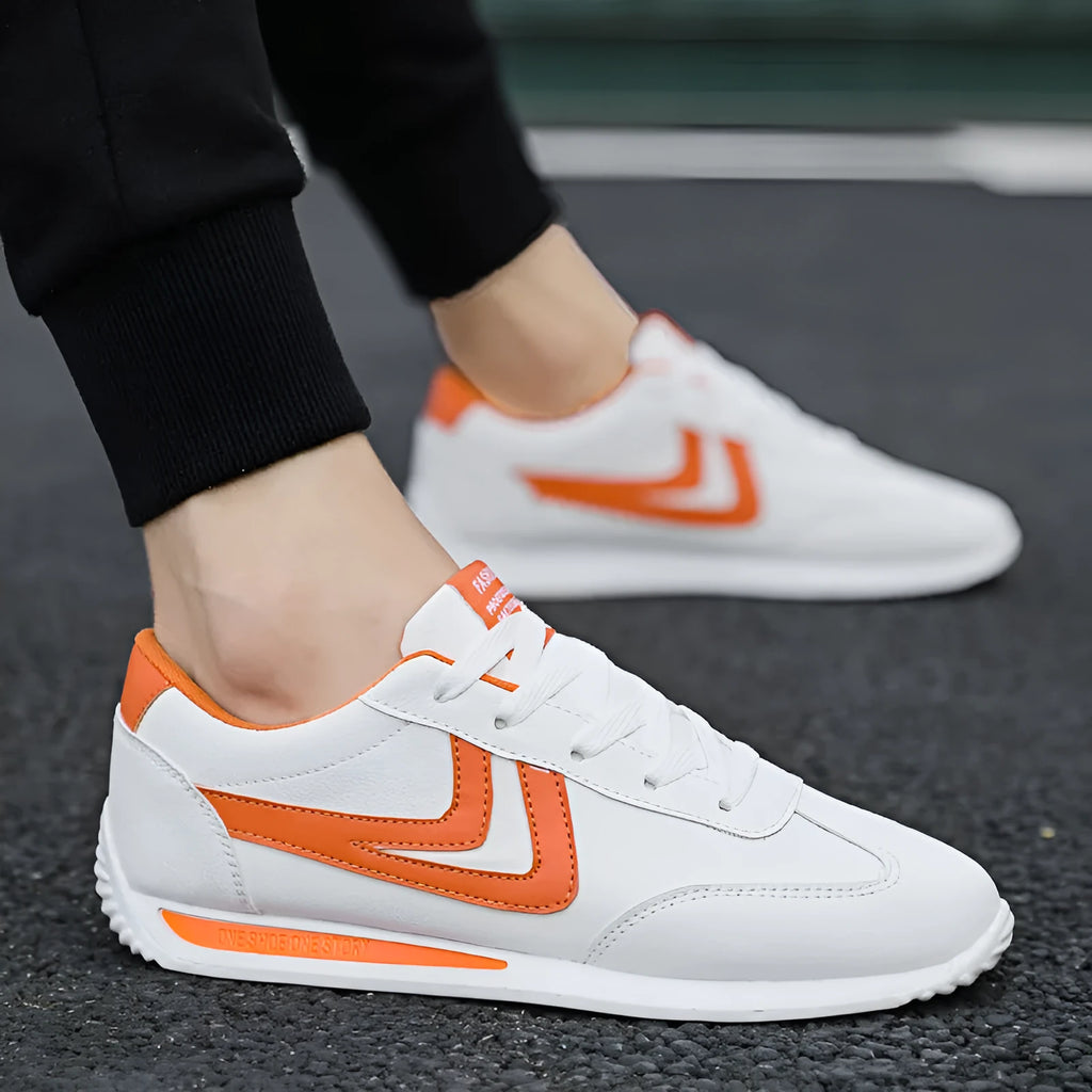 Men's Korean style white trainers with artificial PU upper, rubber sole, round toe, low 1-3cm heel, sizes 35-44