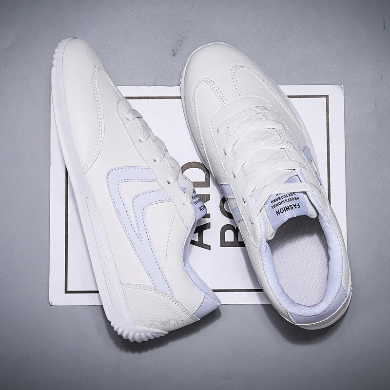 Men's Korean style white trainers with artificial PU upper, rubber sole, round toe, low 1-3cm heel, sizes 35-44