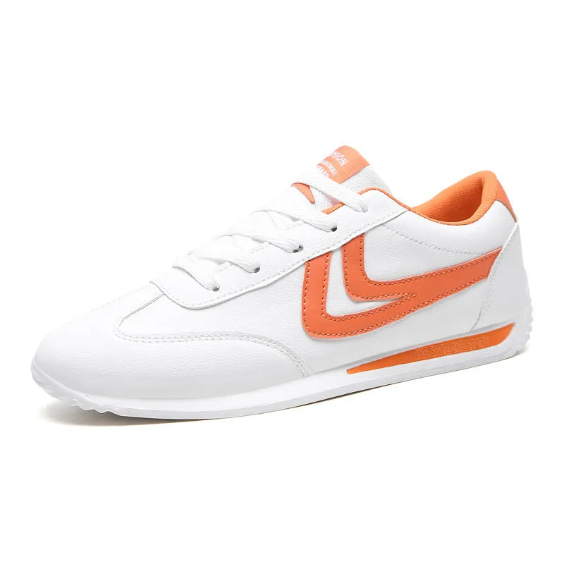 Men's Korean style white trainers with artificial PU upper, rubber sole, round toe, low 1-3cm heel, sizes 35-44