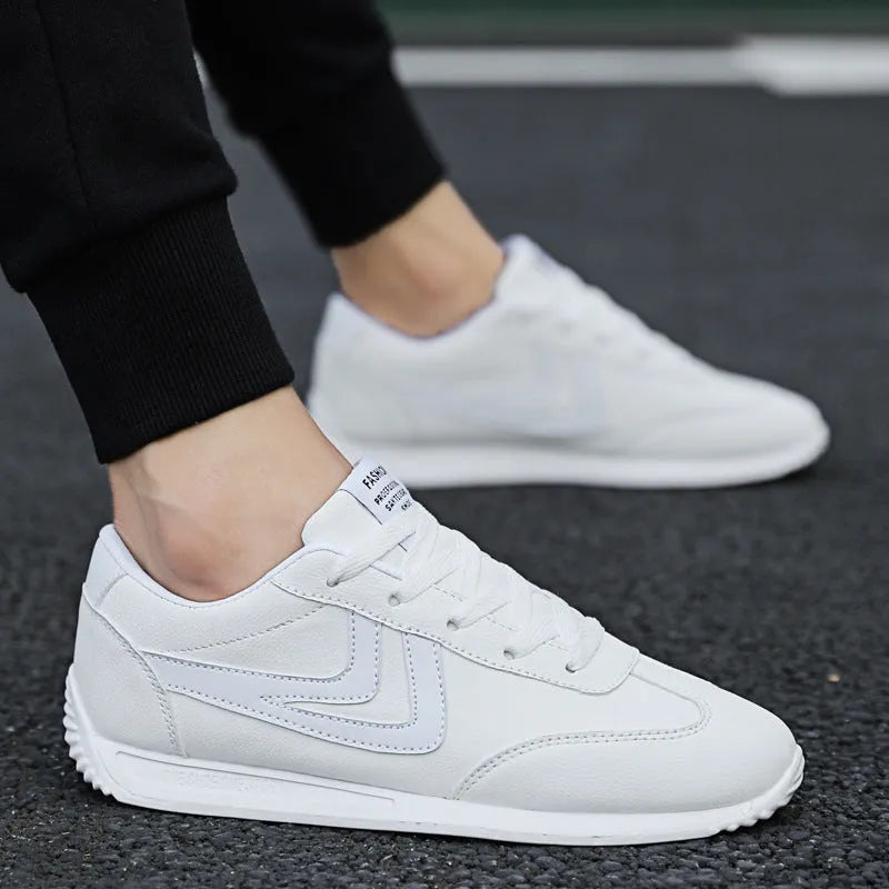 Men's Korean style white trainers with artificial PU upper, rubber sole, round toe, low 1-3cm heel, sizes 35-44